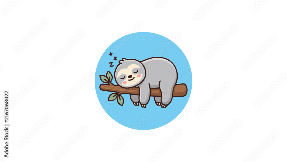 Naklejka premium Sleeping sloth cartoon icon on branch inside blue circle.
