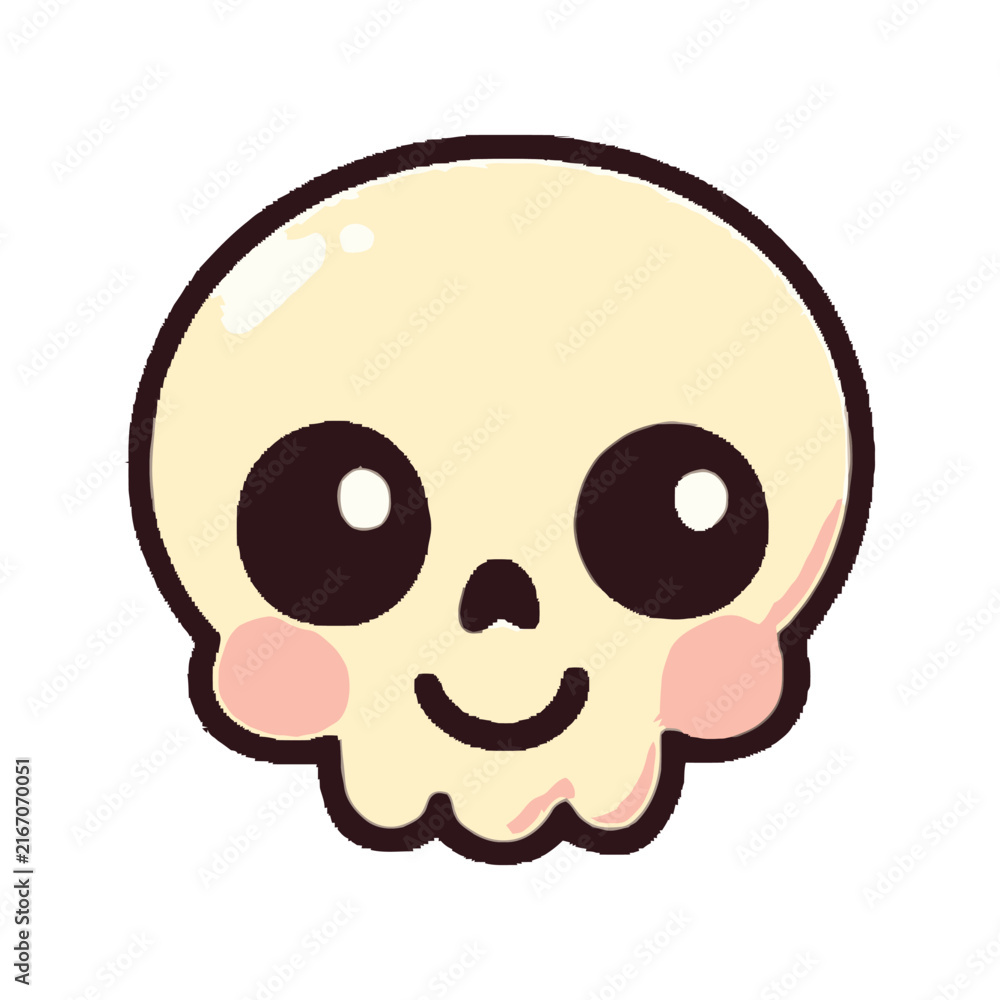 Fototapeta premium Cute cartoon skull with a happy expression and rosy cheeks.