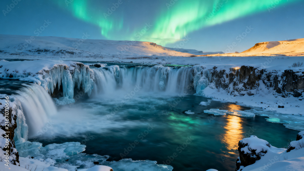 Fototapeta premium Snowy Icelandic mountains and waterfall beneath colorful northern lights