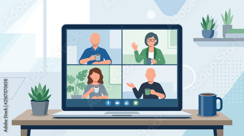 Diverse team in video conference on laptop screen with coffee cups and plants on desk during remote work
