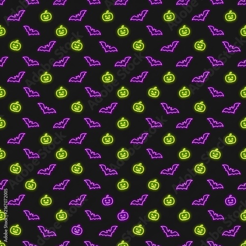 Seamless Halloween pattern with neon green pumpkins and purple bats on black background