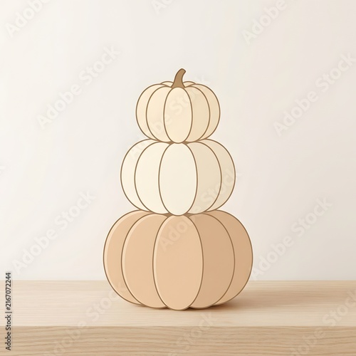 Three stacked neutral beige pumpkins on light wooden surface for autumn decor and minimalist styling