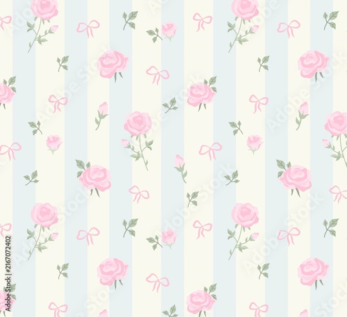Canvastavla Sweet floral seamless pattern featuring pink roses, buds, and tiny bows on light blue stripes