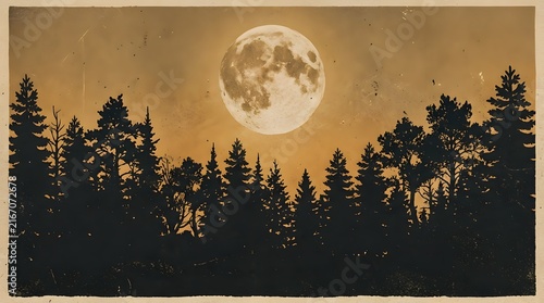 Full moon over a dark pine forest silhouette in a vintage sepia toned landscape illustration