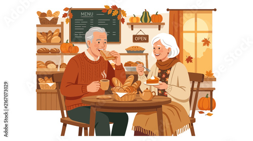 Bild auf Leinwand Elderly Couple Enjoying Autumn Treats at Bakery