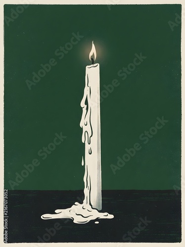 Burning white candle with melting wax on a dark green background