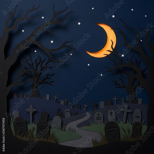 Full moon rising over eerie graveyard with silhouetted trees at night