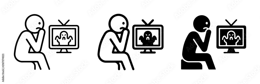 Fototapeta premium Scared Person Watching Horror Movie on TV, Fearful Stick Figure Icon Set, Ghost on Screen