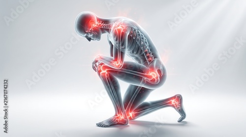 Anatomical illustration of human skeleton and body showing joints affected by pain and inflammation highlighted in red glow.