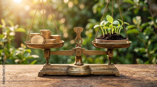 Vintage brass balance scale comparing stack of gold coins against healthy green plant sprouts, symbolizing financial growth and prosperity, outdoors.