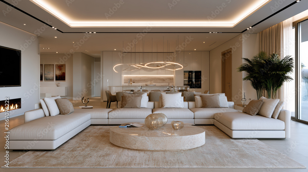 Naklejka premium Modern living room with beige sectional sofa, marble coffee table, large rug, indoor plant, open kitchen, and elegant lighting create cozy