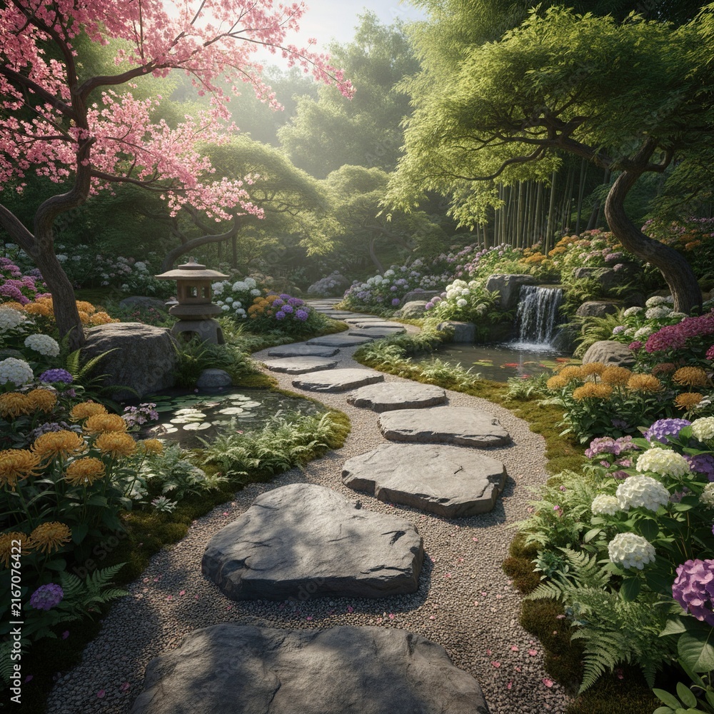 Obraz premium Tranquil Japanese garden with stone path, cherry blossoms and waterfall