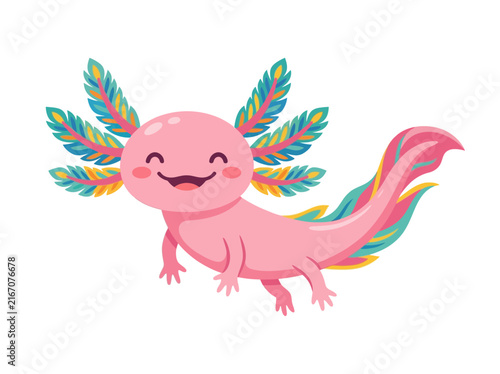 Colorful Cartoon Axolotl Smiling Playfully With Feathers.