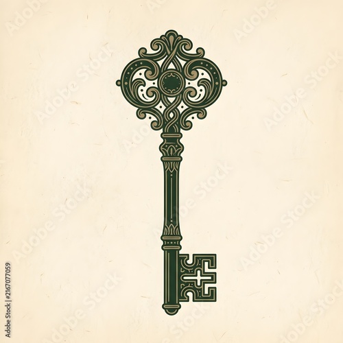 Vintage ornate skeleton key illustration on a textured beige background.