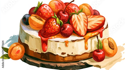 Cheesecake with strawberries, cherries, apricots, and blueberries topped with sweet syrup