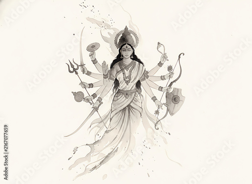 Ink wash painting of goddess durga with ten arms