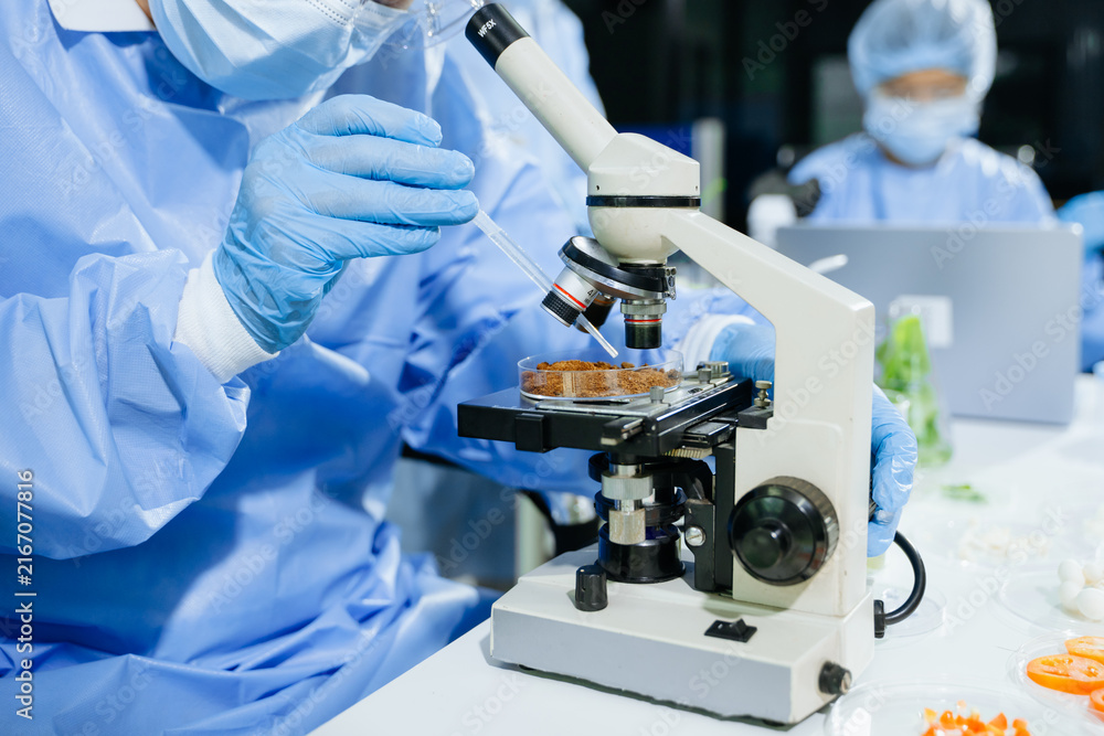 Fototapeta premium Male nutritionist in lab coat analyzing food and writing in notebook. Healthy eating, organic testing