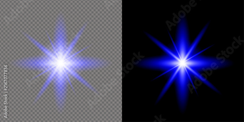 Bright blue starburst light effect with glowing rays isolated on transparent background for graphic design and digital art