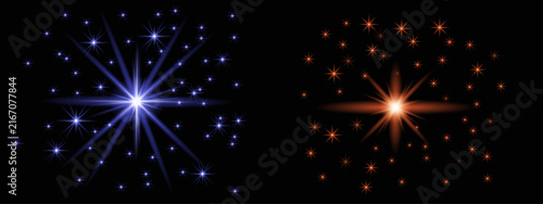 Abstract glowing blue and orange light flares with sparkling particles isolated on a solid black background design element