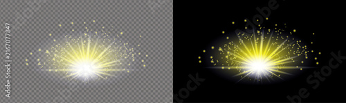 Bright yellow light explosion with golden sparkles and glowing rays isolated on transparent and black background for design