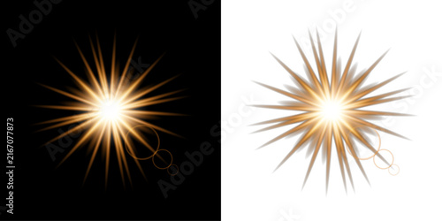 Golden starburst light effect with lens flare isolated on black and white backgrounds for graphic design projects