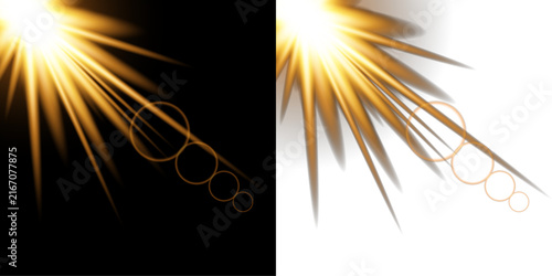Abstract golden light flare effect with lens circles isolated on a black background for creative graphic design projects