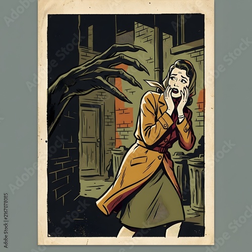 Vintage horror comic book illustration of a terrified woman escaping a monster in an alley.