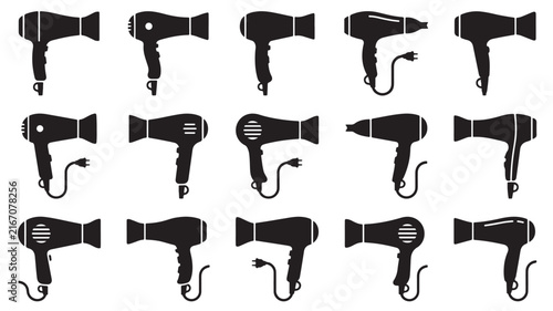 Hair dryer silhouette icons set, professional salon blow dryer vector collection, 15 black hair styling tool symbols for beauty parlor branding