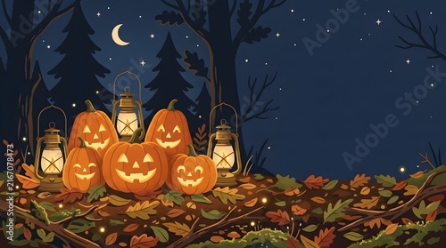 Halloween jack-o-lantern pumpkins with glowing lanterns in a dark autumn forest at night