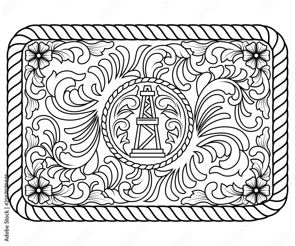 Fototapeta premium Print Western Oil Derrick Belt Buckle Vector with Ornate Floral Scrollwork and Rope Border