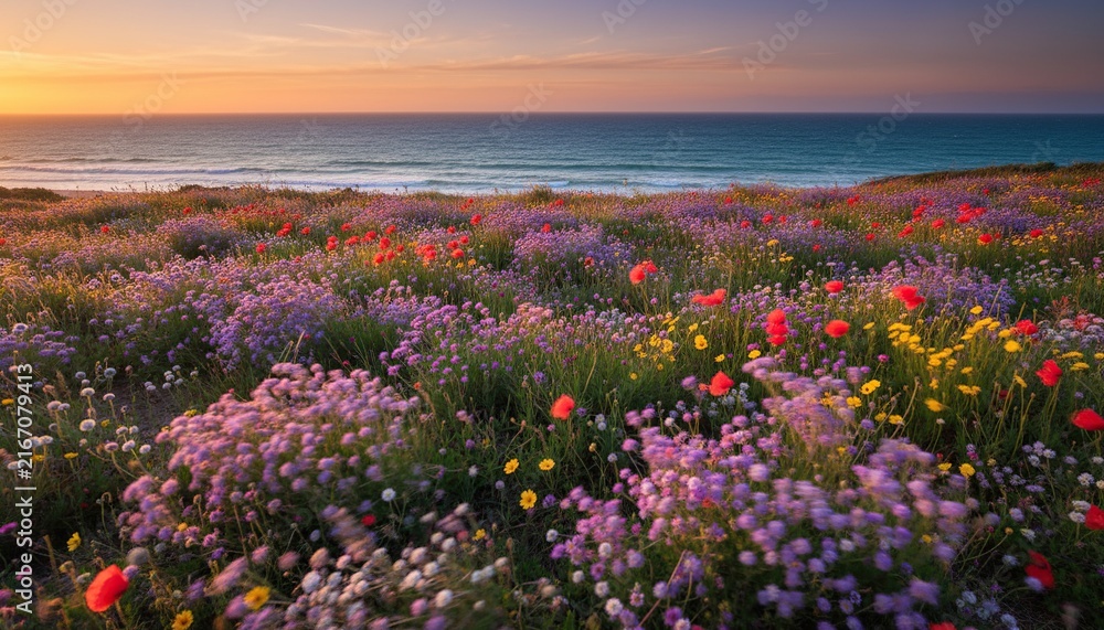 Obraz premium Vibrant wildflower meadow with poppies and sea at sunset