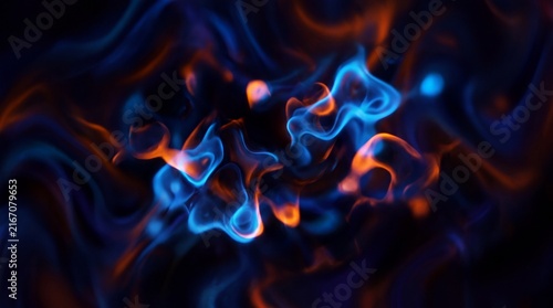 A visually stunning abstract image that features a dark, black background with subtle hints of blue and orange. The composition is defined by a grainy, noise-infused texture and abstract, glowing shap