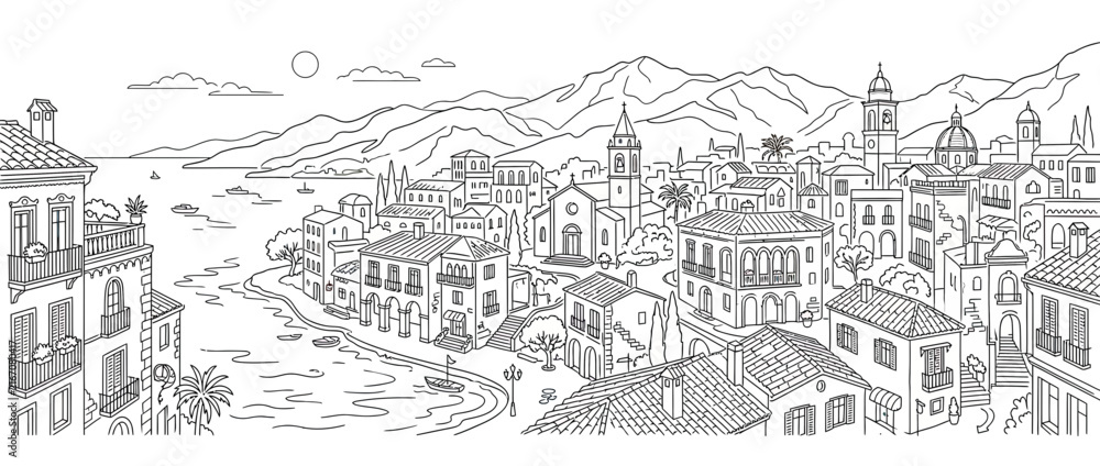 Fototapeta premium Coastal Town Village Landscape Line Drawing