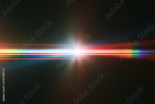Horizontal chromatic light leak glowing on dark grainy background with pink cyan red flare banner for web header copy space