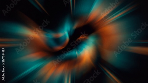A captivating abstract artwork that combines a deep black background with a dynamic gradient of teal and orange. Blurred, glowing shapes and a prominent grainy texture create a sense of energy and mov