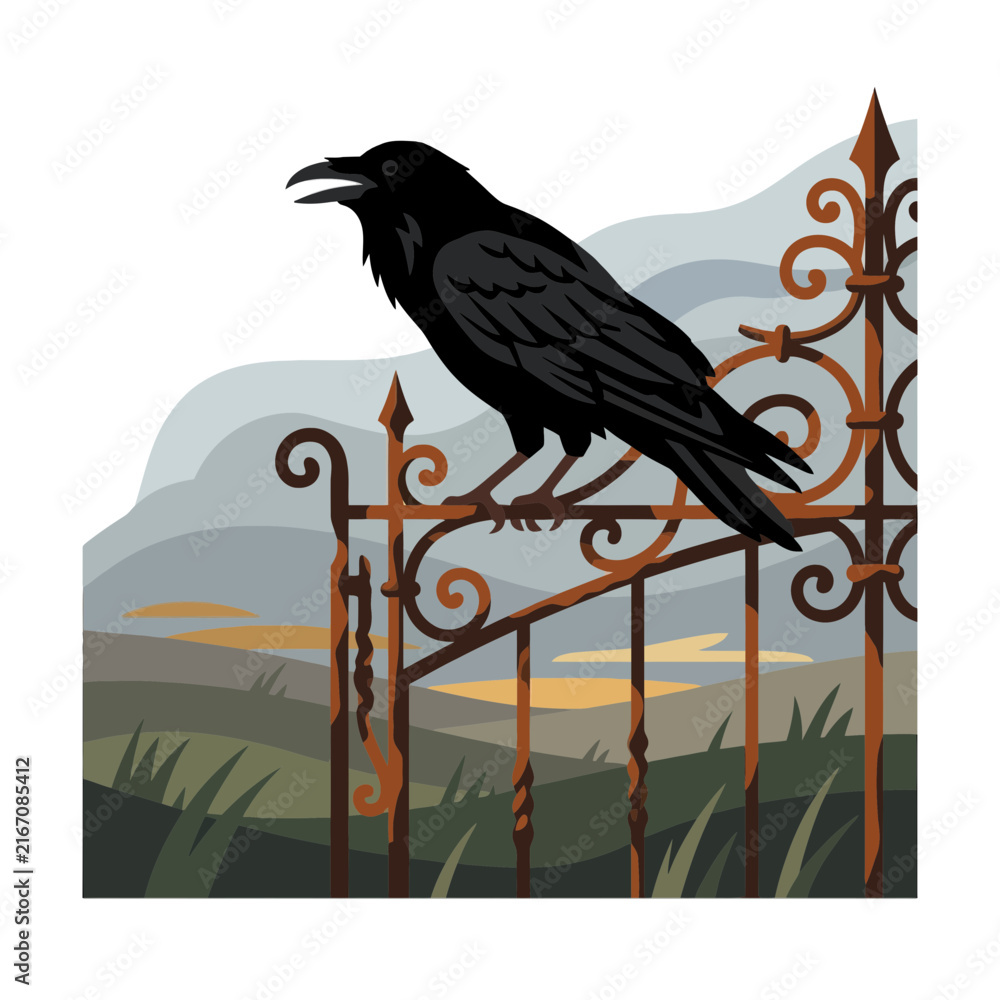 Fototapeta premium Black raven perched on ornate iron garden fence.