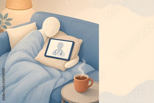 Telehealth consultation on tablet from couch, Generative AI