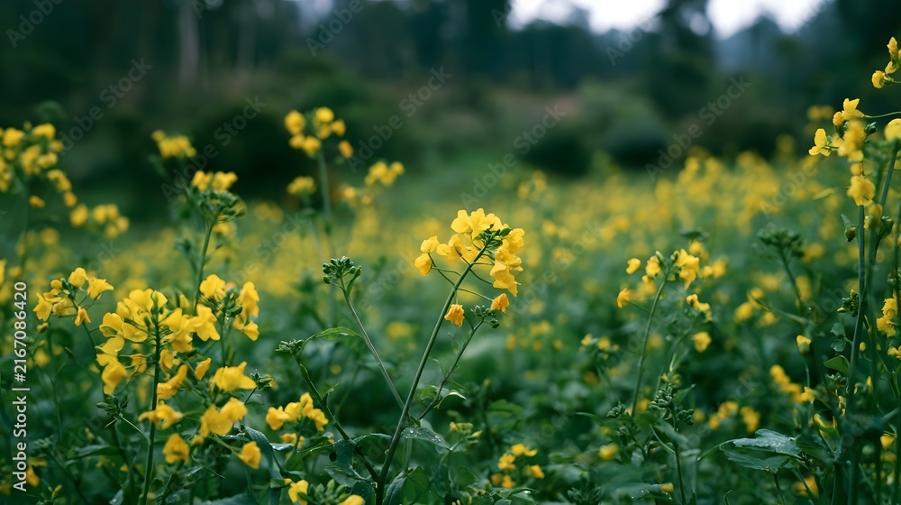 Fototapeta premium A field of yellow flowers swaying gently in a lush green landscape under soft natural light