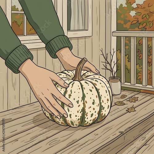 Hands placing a speckled pumpkin on a wooden porch for autumn seasonal home decoration