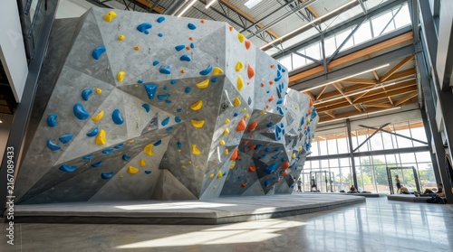 Contemporary bouldering gym design with a massive indoor climbing wall and modern architecture.