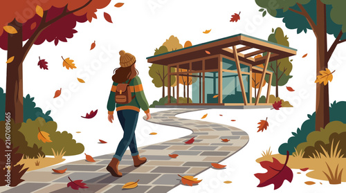 Woman walking on path to modern house in autumn