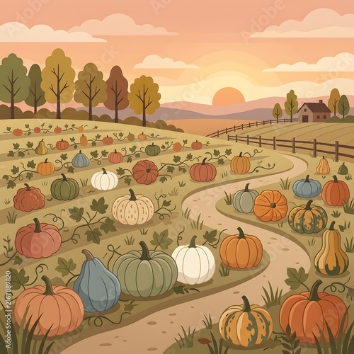 Autumn pumpkin patch landscape with colorful gourds and winding path at sunset
