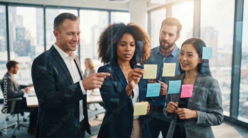 Obraz premium Collaborative brainstorming session featuring a diverse team implementing an innovative workflow in a bright office.