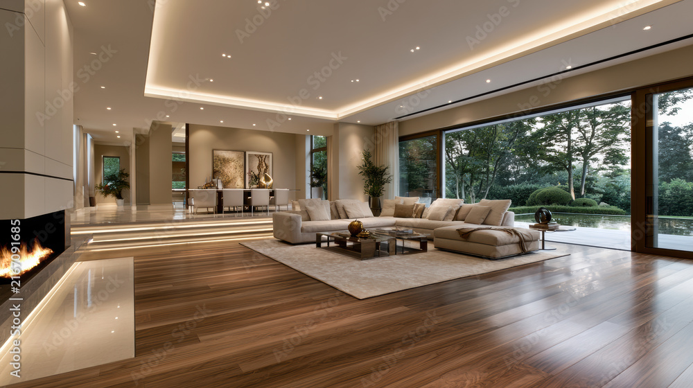 Naklejka premium Spacious modern living room with creamy sofa, wood floor, large windows, fireplace, open dining area, and garden view, cozy and elegant style