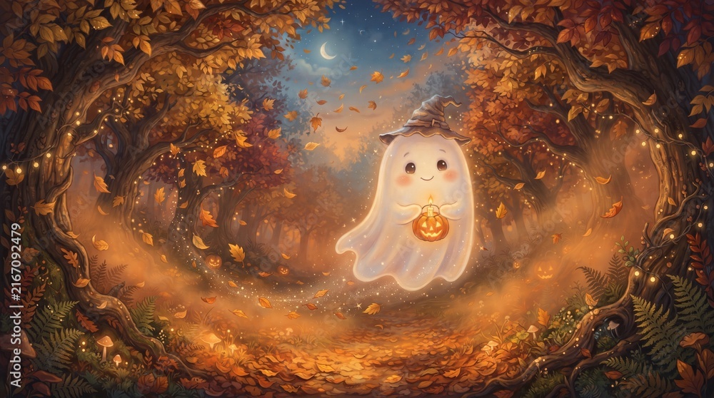 Obraz premium Cute little ghost wearing a witch hat holding a glowing jackolantern in a magical autumn forest with falling leaves and soft golden light
