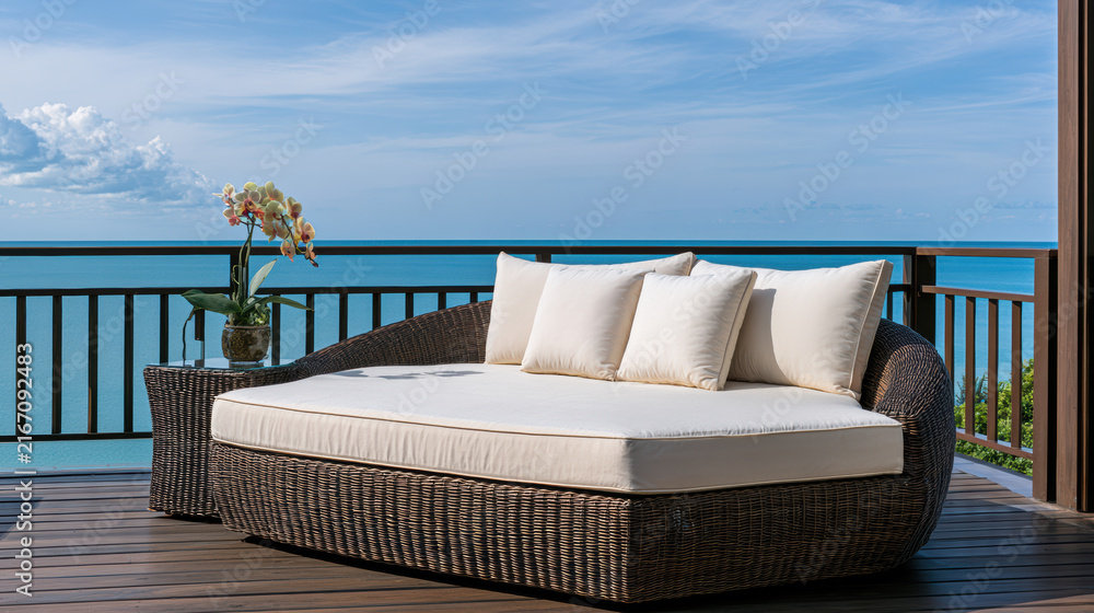 Obraz premium Wicker daybed white cushion outdoor pillow wooden deck ocean view blue sky peaceful tropical open air flower pot