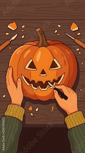 Person carving a scary jack-o-lantern pumpkin face for Halloween holiday celebration