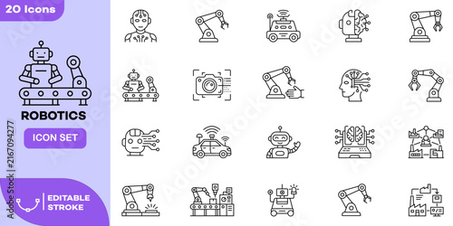 Robotics Artificial Intelligence Line Icon Set, Robot Automation Technology Outline Collection with Robotic Arm, AI Brain, Autonomous Car, Smart Factory and Machine Learning Icons, Editable Stroke