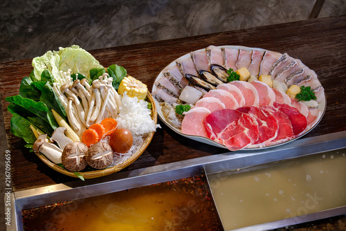 Hot Pot Ingredients Set with Meat Seafood and Fresh Vegetables