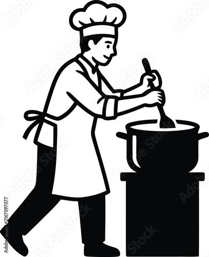 Black and white vector illustration of a professional male chef stirring a large cooking pot on a stove while wearing an apron.